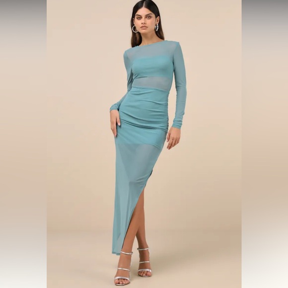 Lulus Dresses & Skirts - NWT - Lulus Alluring Silhouette Light Blue Sheer Mesh Backless Maxi Dress
